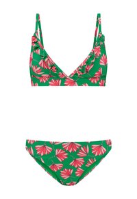 Zeleni bikini komplet z cvetličnim vzorcem in roza cvetovi. Zgornji del ima V-izrez in nastavljive naramnice; spodnji del je klasičnega kroja.