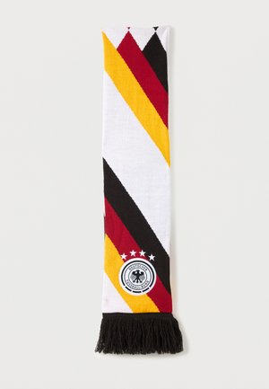 Brettet fotballskjerf med diagonale svarte, røde og gule striper og Deutscher Fussball-Bund-flagget med fire stjerner.