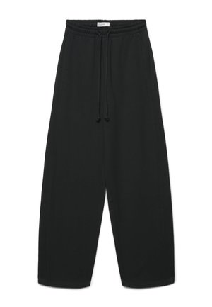 Pantalon noir à jambes larges avec taille élastique et cordon, avec poches latérales et petite étiquette à la taille.