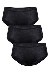 Slip bikini neri in cotone, confezione da tre pezzi. Presentano una texture liscia, fascia elastica in vita e bordi senza cuciture. Design a vita media e con copertura totale.