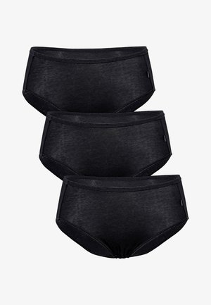 Slip bikini neri in cotone, confezione da tre pezzi. Presentano una texture liscia, fascia elastica in vita e bordi senza cuciture. Design a vita media e con copertura totale.
