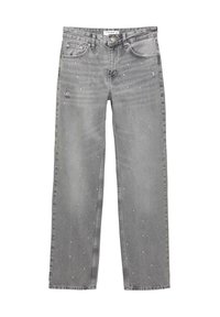Sivi jeans iz denima s ravnim krojem, s razpršenimi kamenčki in subtilnimi poškodbami na tkanini.