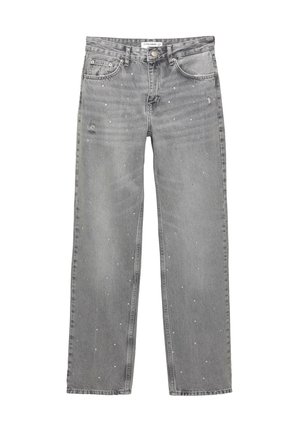 Harmaa farkkutakki suoran leikkauksen kanssa, jossa on hajallaan strassikoristeita ja hienovaraisia kulutuksia kankaassa.