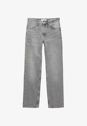 Harmaa farkkutakki suoran leikkauksen kanssa, jossa on hajallaan strassikoristeita ja hienovaraisia kulutuksia kankaassa.