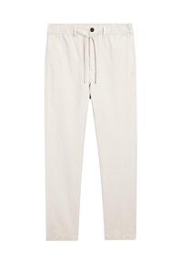 Pantaloni beige chiaro realizzati in tessuto morbido, dotati di una vita elasticizzata con cordoncino, chiusura con bottone e gambe dritte.