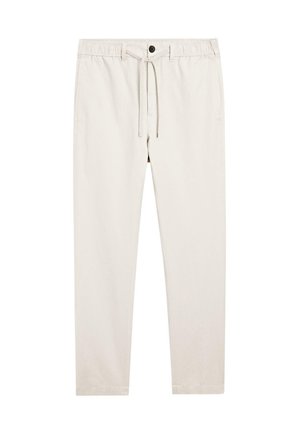 Light beige pants made of soft fabric, featuring an elastic waistband with a drawstring, a button closure, and straight legs.