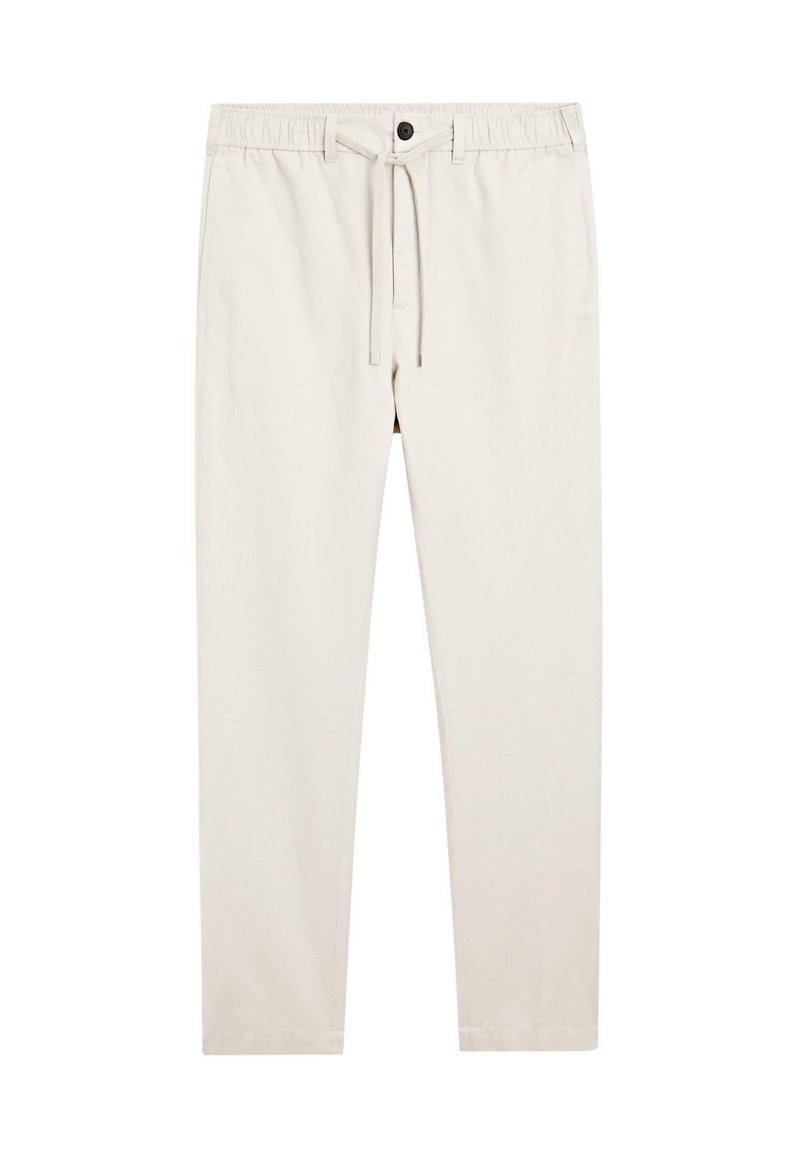 Pantaloni beige chiaro realizzati in tessuto morbido, dotati di una vita elasticizzata con cordoncino, chiusura con bottone e gambe dritte.