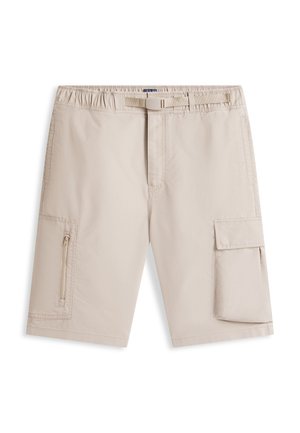 Béžové cargo šortky dĺžky po kolená s elastickým pásom, nastaviteľným opaskom, vreckom so zipsom na ľavej nohe a vreckom s klapkou na pravej nohe.