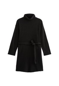 Zwarte jurk met lange mouwen, een col en een stoffen riem. Gemaakt van een zacht materiaal, met een ontspannen pasvorm en een effen textuur.