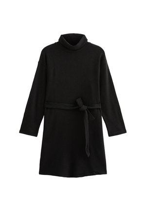 Robe noire à manches longues avec col roulé et une ceinture en tissu. Fabriquée dans un matériau doux, elle présente une coupe décontractée et une texture unie.