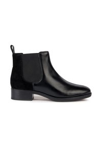 Bottines noires présentant des panneaux en cuir lisse et en daim, des inserts élastiques sur les côtés, une languette de tirage et un petit talon carré. Design classique de chelsea.