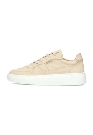 Beige leather sneakers with a textured finish, lace-up design, padded collar, and white rubber sole. Minimalistic style with subtle accents.