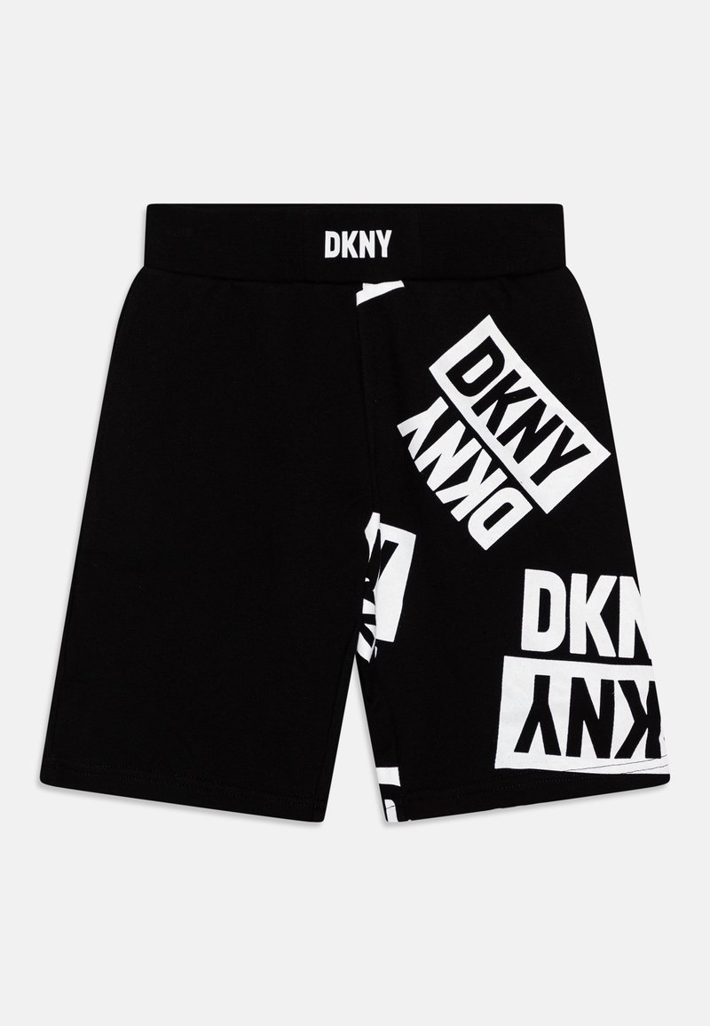 Short noir avec taille élastique présentant des logos « DKNY » blancs imprimés en différentes tailles et orientations sur la jambe droite et la taille.
