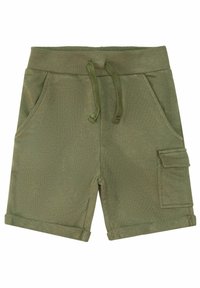 Pantalones cortos caqui con una cinturilla acanalada, cordón, dos bolsillos frontales y un bolsillo de carga lateral. La tela tiene una textura suave y dobladillos enrollados.