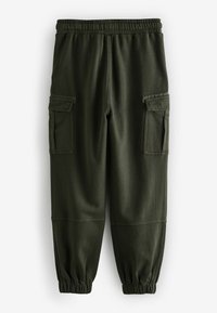 Olive green cargo pants with an elastic waistband, two side pockets, and elastic cuffs. Made of soft, stretchy fabric.