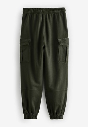 Olive green cargo pants with an elastic waistband, two side pockets, and elastic cuffs. Made of soft, stretchy fabric.