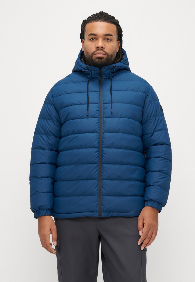 Blue puffer jacket with a hood, featuring horizontal stitching, black zipper, and adjustable drawstrings. Textured and insulated material.