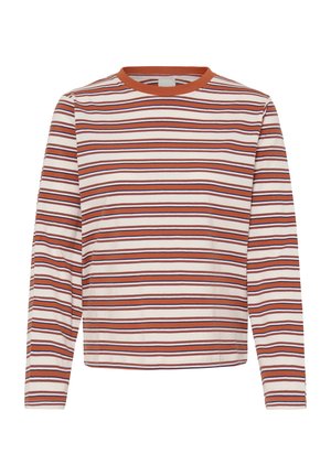 Langarmshirt met horizontale strepen in roest-, crème- en marineblauwe kleuren; ronde halslijn; zacht katoenmateriaal; losse pasvorm.