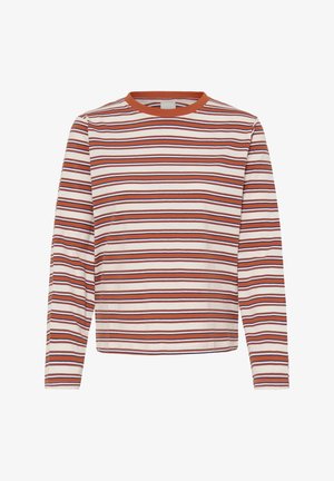 Langarmshirt met horizontale strepen in roest-, crème- en marineblauwe kleuren; ronde halslijn; zacht katoenmateriaal; losse pasvorm.