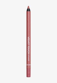 Velvet Touch lip liner in a soft pink shade, cylindrical shape, with a matte texture and a black tip. Branding printed in white.