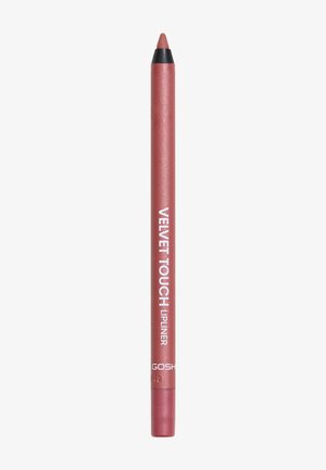 Velvet Touch lip liner i en blød pink nuance, cylindrisk form, med en mat tekstur og en sort spids. Branding trykt i hvid.