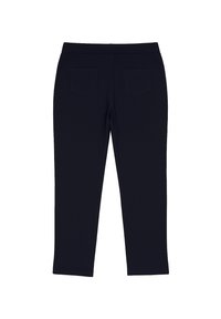 Black fitted pants with a smooth, stretchy fabric. Features two back pockets and an elastic waistband. No visible fastenings or embellishments.