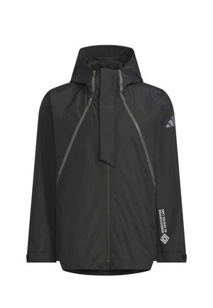 Black hooded waterproof jacket with front zipper, reflective strips, adjustable cuffs, and "WINDSTOPPER by GORE-TEX LABS" text on sleeve.