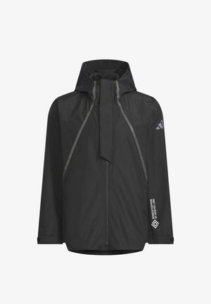 Black hooded waterproof jacket with front zipper, reflective strips, adjustable cuffs, and "WINDSTOPPER by GORE-TEX LABS" text on sleeve.