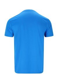 Blå kortärmad T-shirt i smidigt, lätt material. Har en rundad halsringning och en enkel design utan mönster eller detaljer.