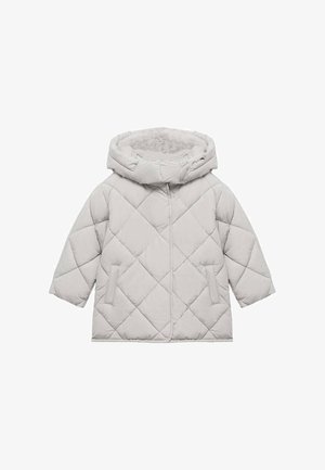 Jasnoszara pikowana kurtka puchowa z pluszowym kapturem, z ukośnymi przeszyciami, dwoma bocznymi kieszeniami i luźnym krojem.
