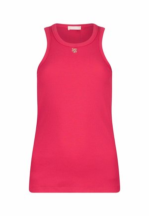 Mouwloos geribbeld tanktop in felroze met ronde hals en klein decoratief metalen logo aan de voorzijde in het midden.