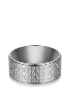 Metal ring with a brushed silver finish, featuring a geometric cut-out pattern along the band, smooth interior, and a rounded edge.