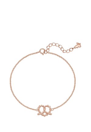 Zarter Roségold-Kettenarmband mit zwei ineinandergreifenden herzförmigen Anhängern und einem verstellbaren Verschluss mit kleinem Blumenanhänger.