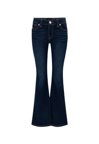 Granatowe dzwony z pomarańczowym przeszyciem, zapięciem na guziki z przodu oraz pięcioma kieszeniami, prezentowane na białym tle.