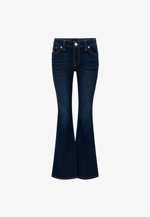 Granatowe dzwony z pomarańczowym przeszyciem, zapięciem na guziki z przodu oraz pięcioma kieszeniami, prezentowane na białym tle.