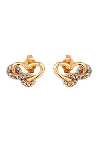 Boucles d'oreilles en métal doré, présentant un design entrelacé orné de petites cristaux transparents, créant une surface texturée et réfléchissante.