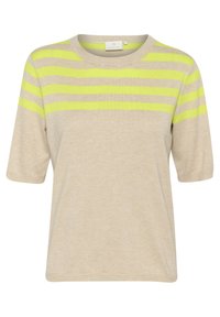 Beige strikket t-shirt med korte ærmer, der har horisontale neongule striber. Rund halsudskæring, blød tekstur og afslappet pasform.