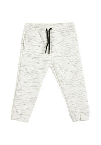 Pantalones de chándal gris claro con un patrón moteado, cinturilla elástica, cordón negro y puños acanalados en los tobillos.