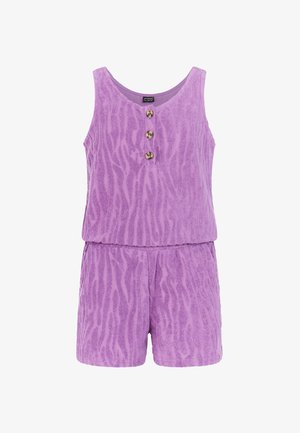 Purpurinis frotinis kombinezonas su tekstūruotu zebros raštu, suapvalintu kaklo iškirpimu ir trimis auksinėmis sagomis priekyje.