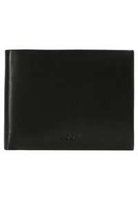 Portafoglio in pelle nera, forma rettangolare, superficie liscia, logo del marchio impresso sul davanti, design minimalista senza cuciture o accessori visibili.