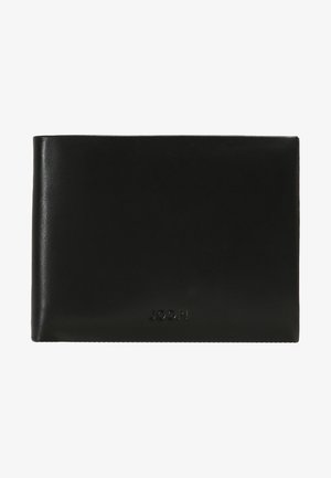 Črna usnjena denarnica, pravokotne oblike, gladka tekstura, reliefni logotip blagovne znamke spredaj, minimalističen dizajn brez vidnih šivov ali dodatkov.