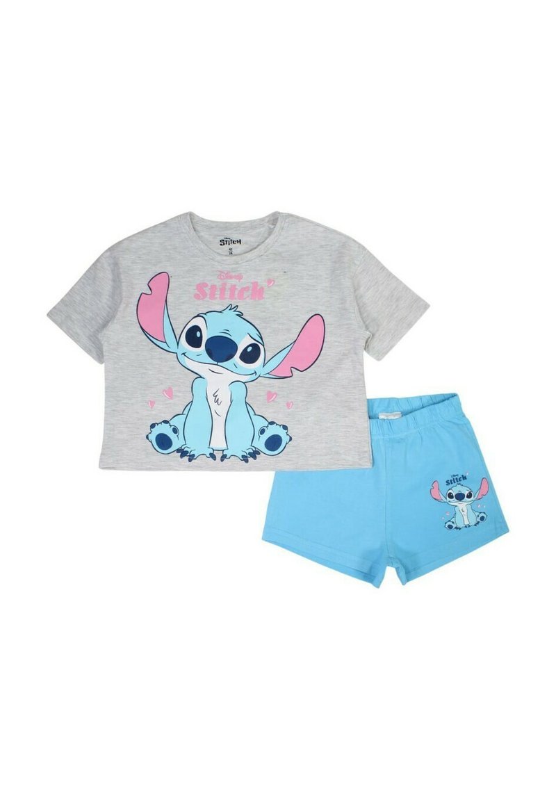T-shirt en coton gris avec un motif Stitch en bleu et rose, accompagné de shorts bleu clair affichant un design Stitch. Manches courtes, coupe décontractée.