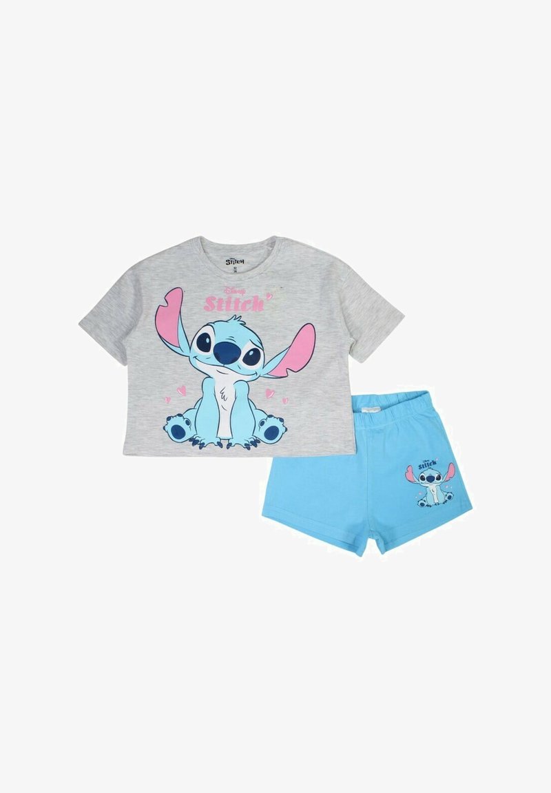 T-shirt en coton gris avec un motif Stitch en bleu et rose, accompagné de shorts bleu clair affichant un design Stitch. Manches courtes, coupe décontractée.