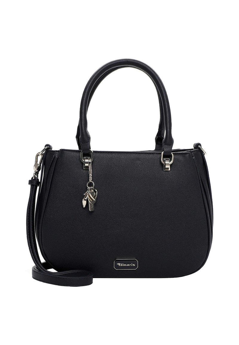 Juoda sintetinio odos rankinė su dviem trumpomis rankenomis, nuimamu petnešiniu dirželiu, lygiu paviršiumi ir mažyčiu akcentu – pakabuku. Ant rankinės yra logotipo plokštelė.