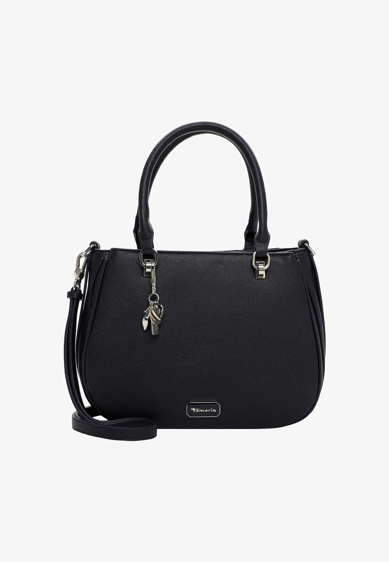 Juoda sintetinio odos rankinė su dviem trumpomis rankenomis, nuimamu petnešiniu dirželiu, lygiu paviršiumi ir mažyčiu akcentu – pakabuku. Ant rankinės yra logotipo plokštelė.