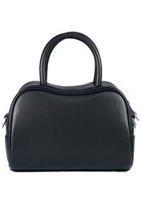 Musta nahkainen käsilaukku, jossa on pyöreä muoto, kahdet yläkahvat ja vetoketjusuljin. Tasainen pinta hienovaraisilla sauman yksityiskohdilla.