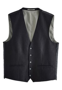 Veste noire avec extérieur texturé, doublure en satin, fermeture à cinq boutons et deux poches avant avec détails lisses.