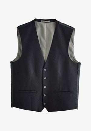 Mustast vest tekstureeritud välispinna, satiinvoodri, viie nööbiga sulguriga ja kahe eesmise taskuga, millel on sujuvad aktsendid.