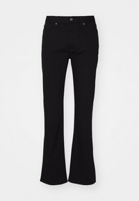 Black flared jeans made of cotton, featuring a waistband with a button closure, front pockets, and a smooth texture.