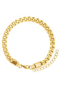 Bracciale in catena d'oro con link texturizzati, chiusura a gancio e catena di estensione regolabile per variare la misura.